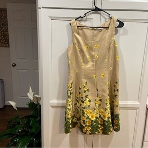 Annalee + Hope Satin Sleeveless Floral Hem Fit & Flare Dress Tan Yellow Size 8